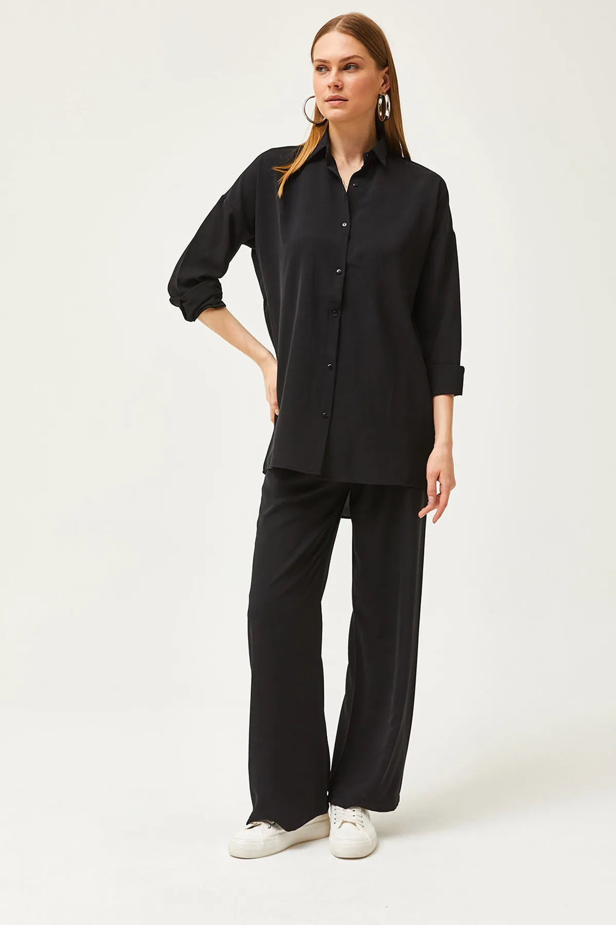 Olalook  Schwarzes drapiertes Hemd-Hosen-Set für Damen TKM-19000283