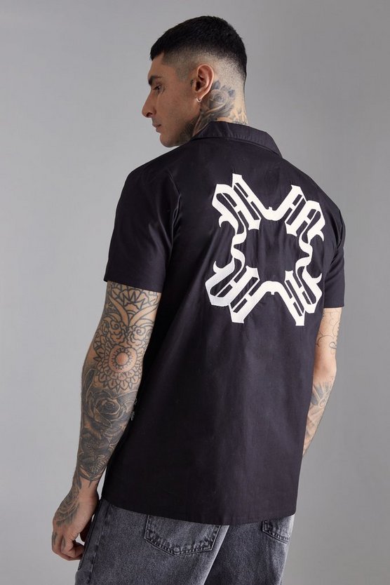 Tall Short Sleeve Drop Revere Back Embroidered Shirt