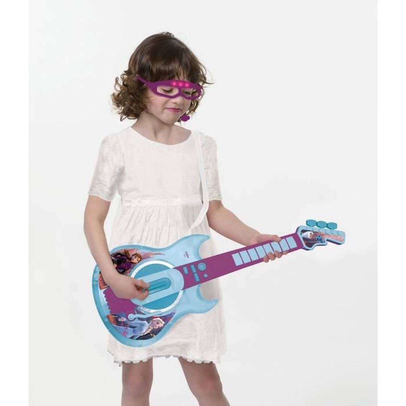 Guitare Électronique Lumineuse avec lunettes équipées d'un micro Reine des Neiges bleu