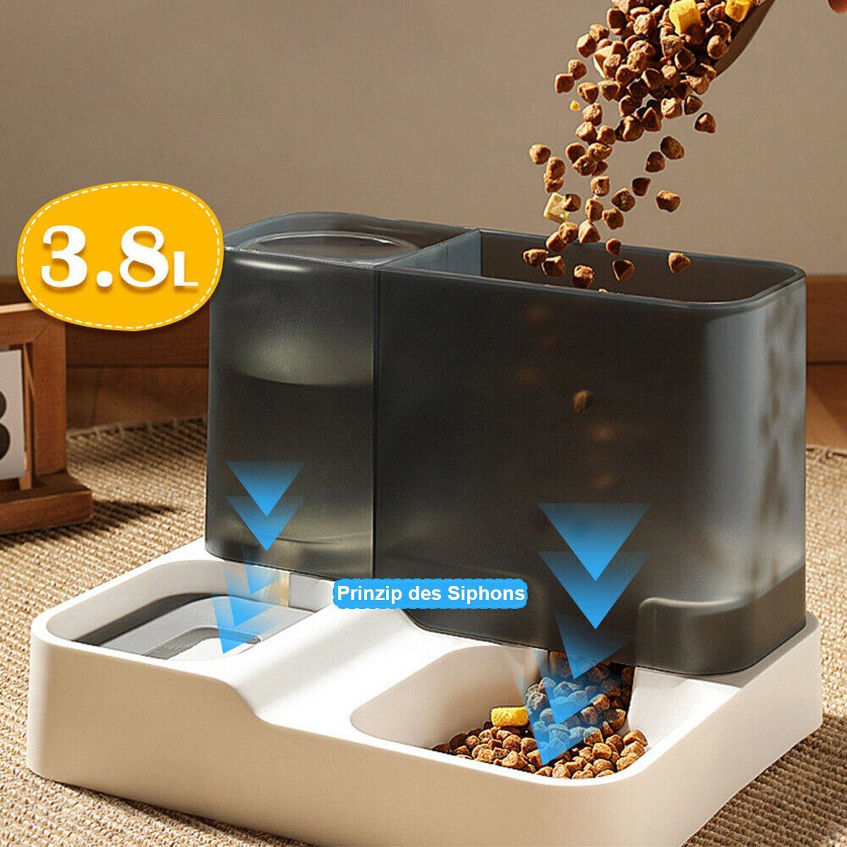 flowgoer Nager-Futterhaus Automatischer Trinkbrunnen für Hunde und Katzen Futterspender 2in1, Siphon-Prinzip,Leicht zu reinigen,Große Kapazität