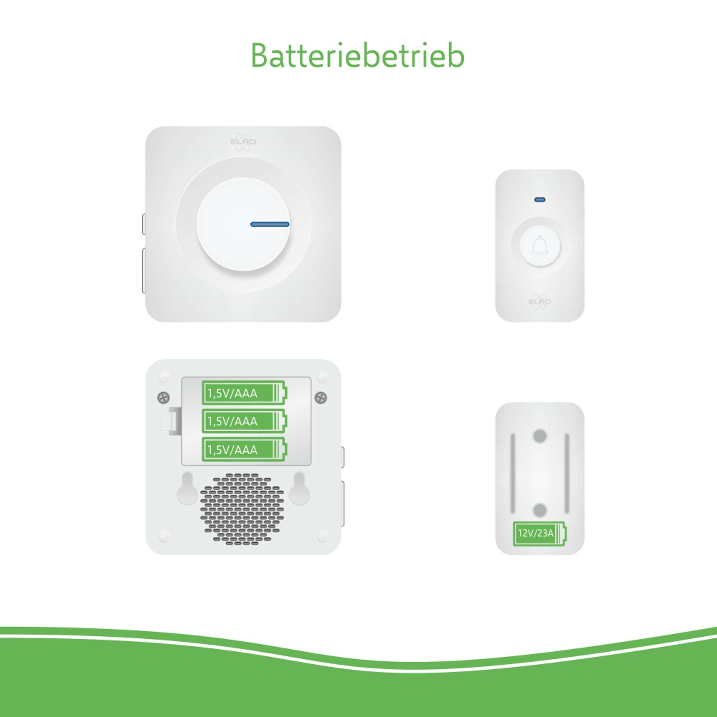 Elro Türklingel-Set DB3000-P1C1, 1 Empfänger, 52 Klingeltöne, (Komplett-Set, 2-tlg., Klingeldrücker und Empfänger), Drahtloses Türklingel Set Blinkende LED-Lampe