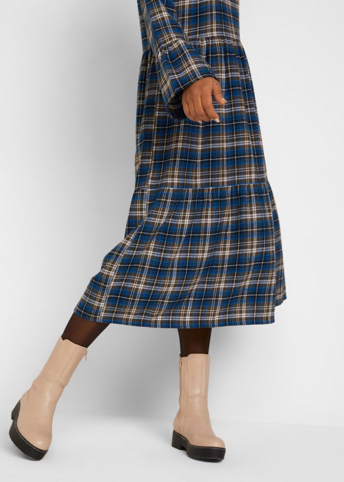 Ausgestelltes Midi-Kleid aus Flanell mit Volants