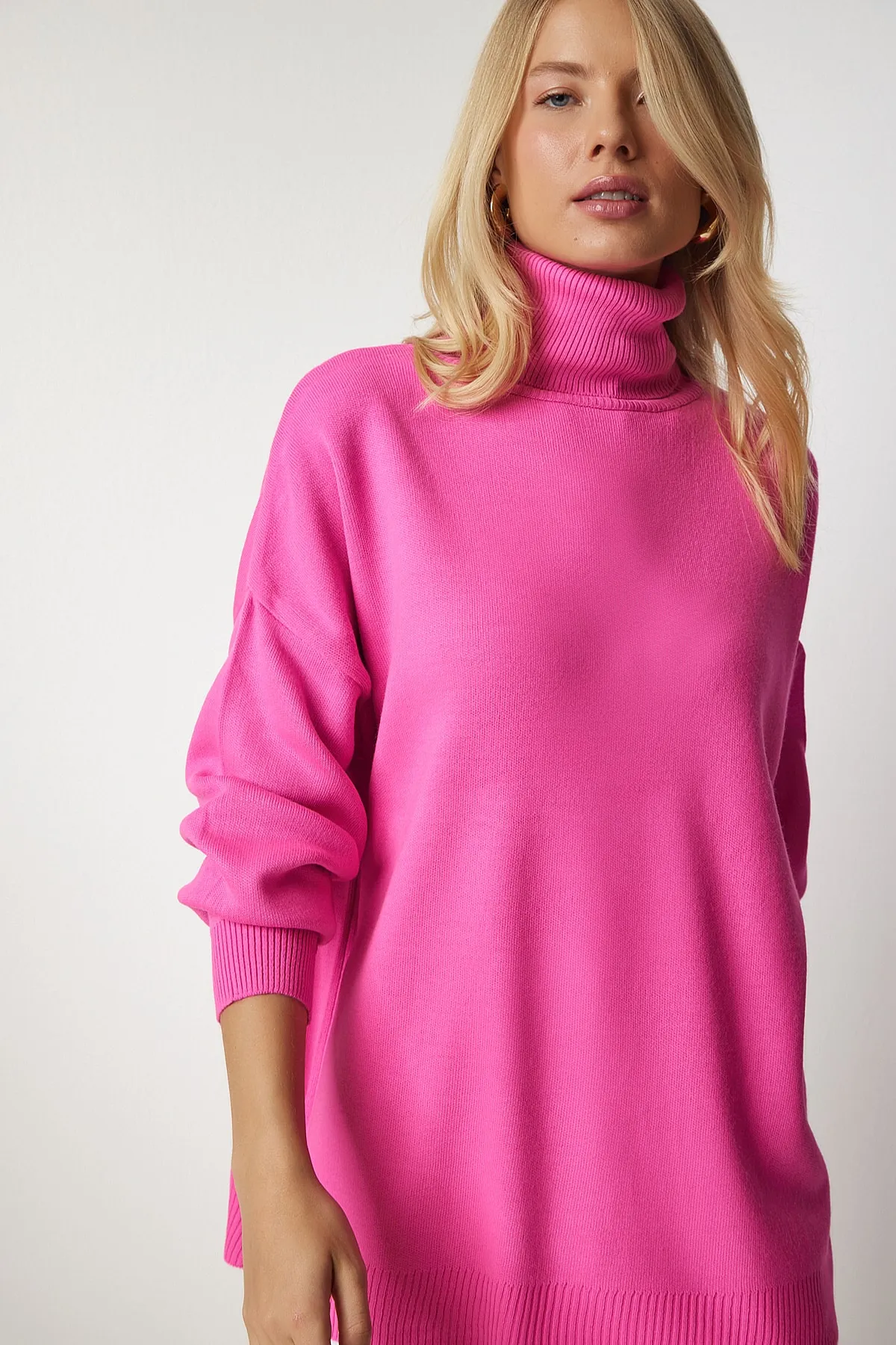Happiness İstanbul  Rosa Rollkragenpullover in Übergröße für Damen BV00084