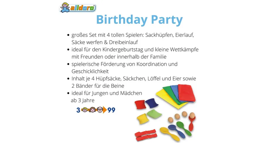 alldoro 60341 - Birthday Party Set mit 4 beliebten Spielen für den Kindergeburtstag
