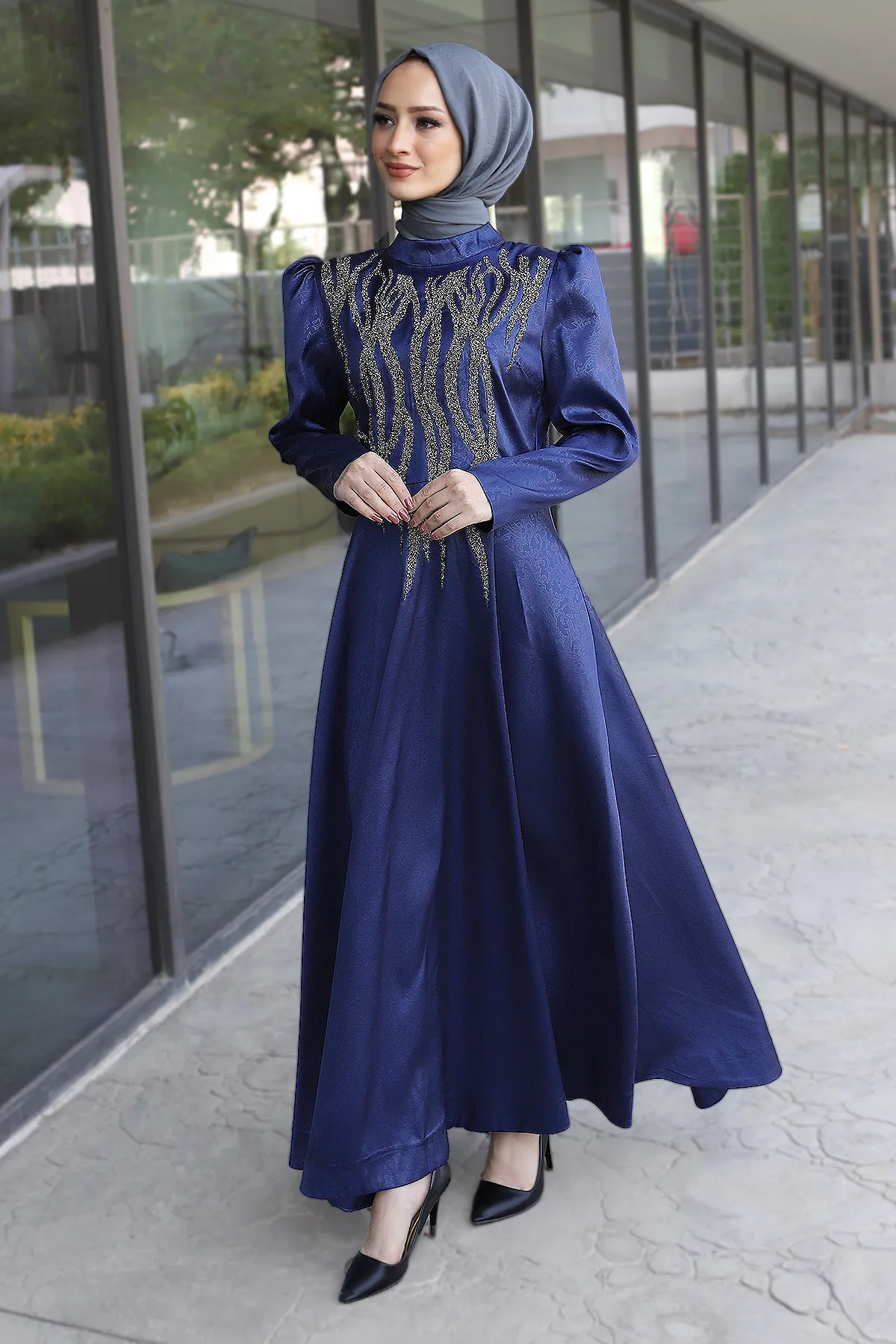 Tesettür Dünyası  Abendkleid mit Pailletten vorne und detaillierten Details Tsd220544 Indigo