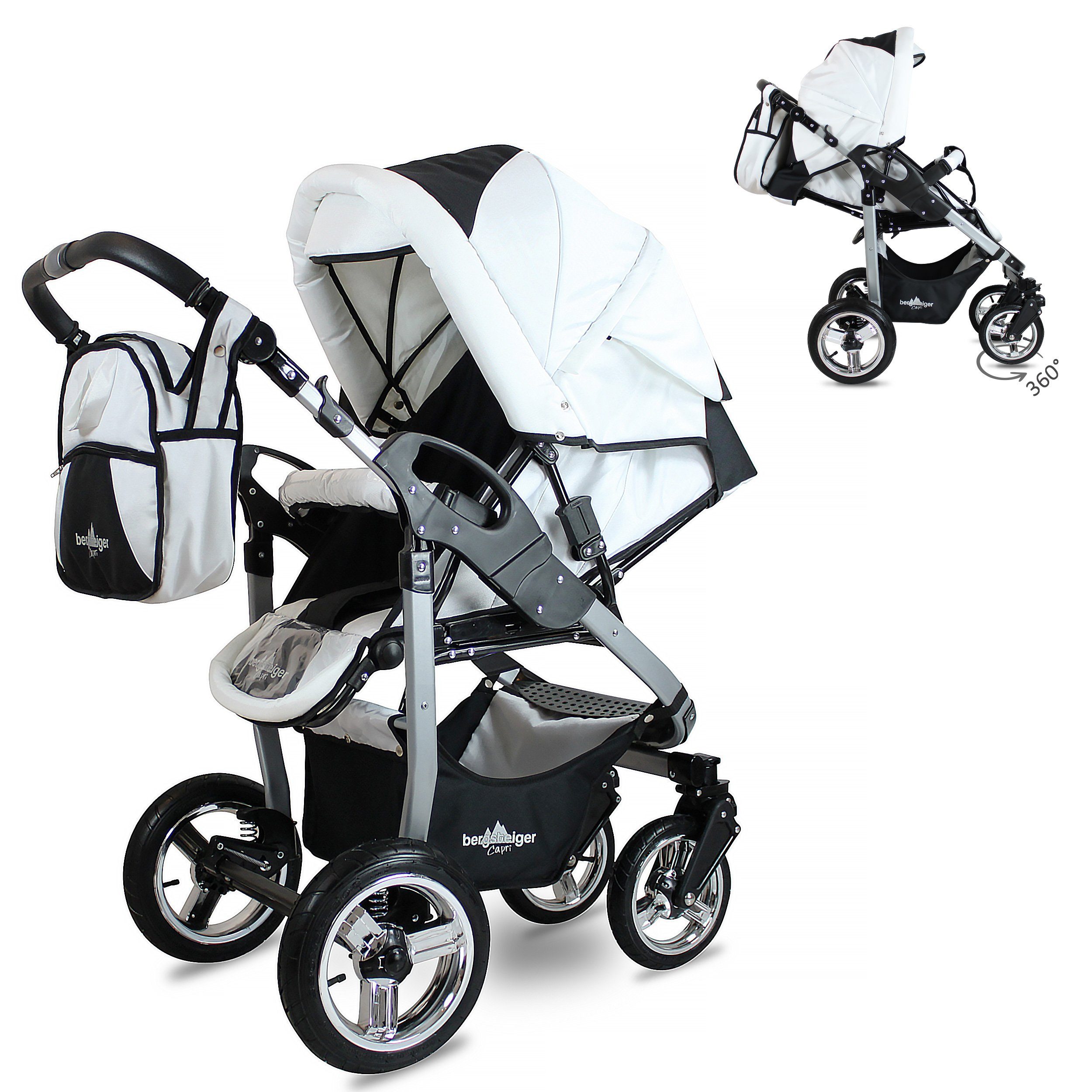 bergsteiger Kombi-Kinderwagen Babywagen Capri 3in1, Kombikinderwagen Komplettset inkl. Zubehör - Babyschale, Buggy-Aufsatz, Sonnenschutz & Wetterfußsack, Federleichtes Gewicht, (10-tlg)