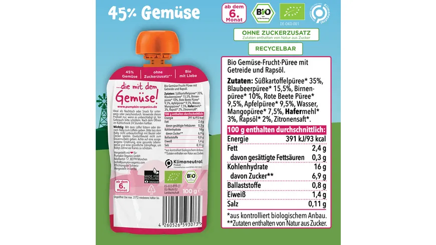 pumpkin organics Bio Quetschie Süßkartoffel, Blaubeere, Rote Beete, Hafer 100 g