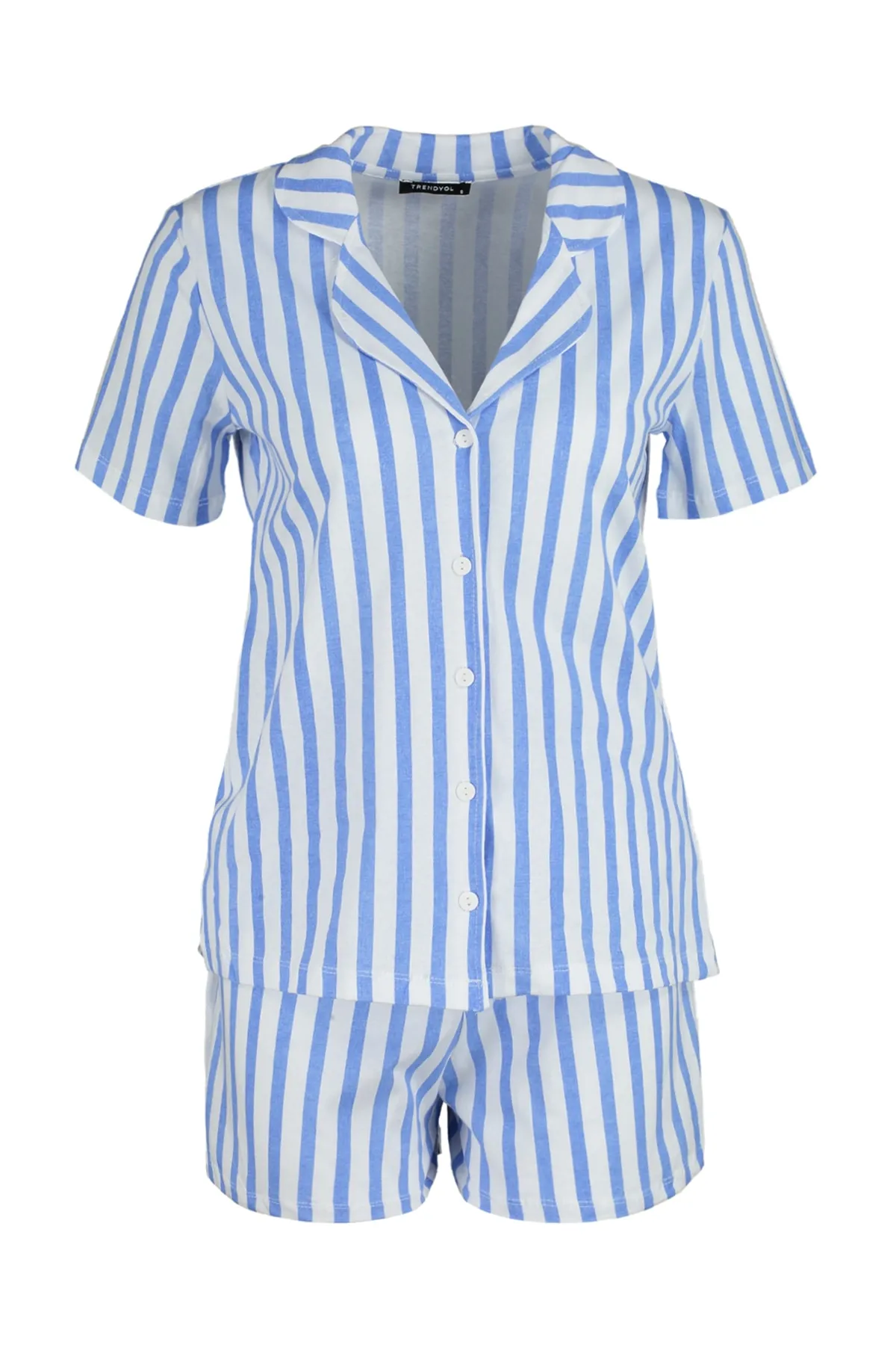 Trendyol Collection  Blaues Pyjama-Set aus gestreiftem Hemd und Shorts aus 100 % Baumwolle THMSS23PT00020