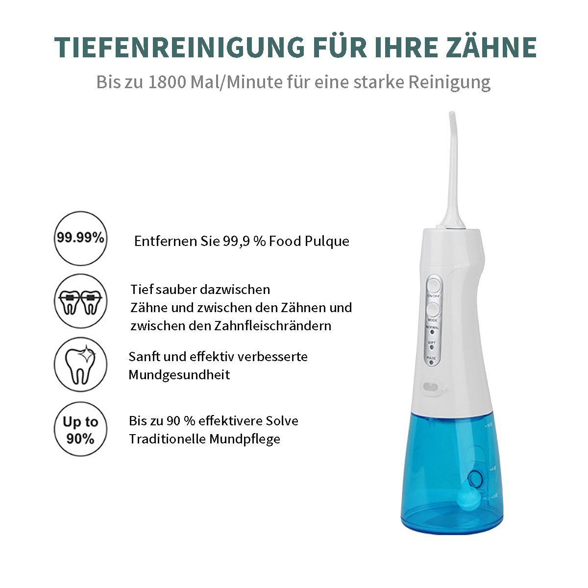 flowgoer Reise-Munddusche Kabellose Munddusche, elektrischer Zahnreiniger, 3 Modi, sechs Düsen, 3 Zubehör, USB-Schnellladung, lange Akkulaufzeit, 300ml Wassertank