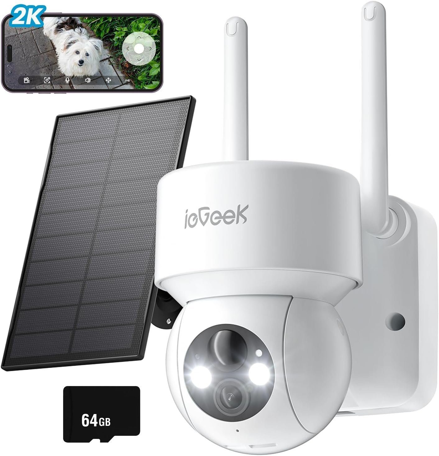 ieGeek 2K Solar Überwachungskamera Aussen Akku PTZ 355°/120° mit SD Karte Überwachungskamera (Aussen Außen Außenbereic Innenbereich, Sirene/Lichtalarm, Videoverlauf, Multi-User-Sharing, 3dBi Dual-WiFi-Antennen,Intelligente Erkennung und sofortiger Al