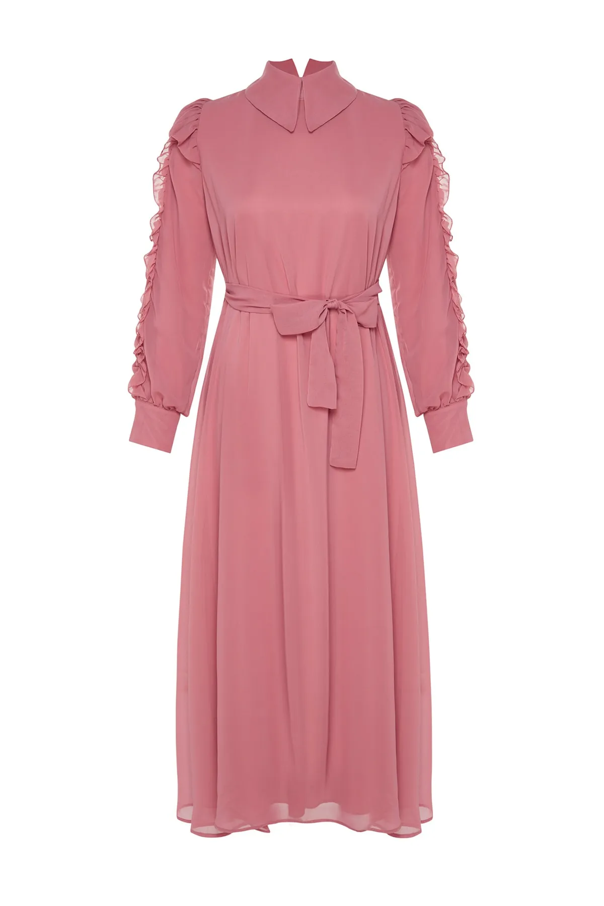 Trendyol Modest  X Kevser Sarıoglu Abendkleid aus Chiffon mit Rüschen und Kragen aus getrockneten Rosen TCLSS23DB00000
