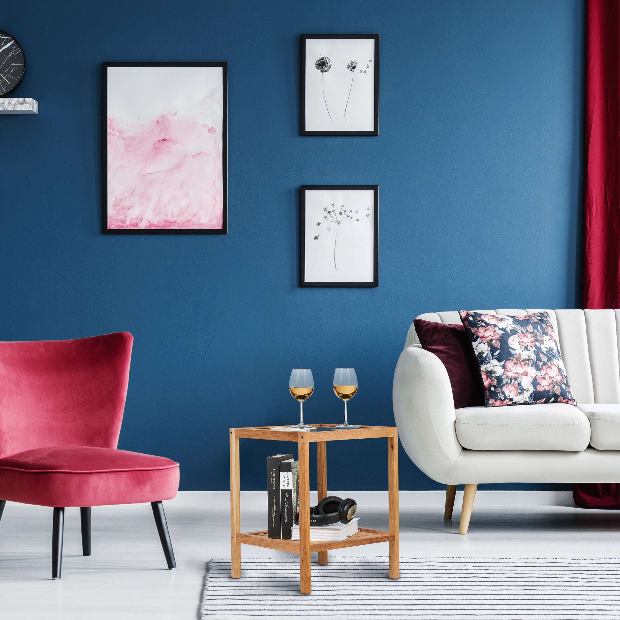 relaxdays Beistelltisch Beistelltisch mit Glasablage Walnussholz