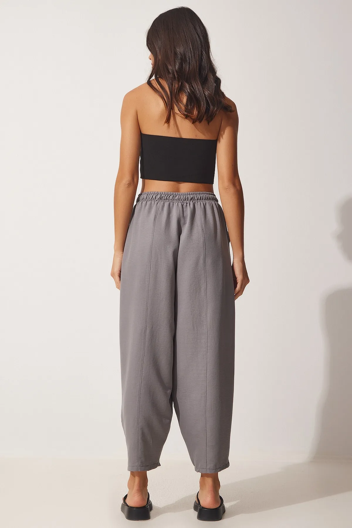 Happiness İstanbul  Graue Shalwar-Hose aus Leinenviskose mit Taschen für Damen CV00001