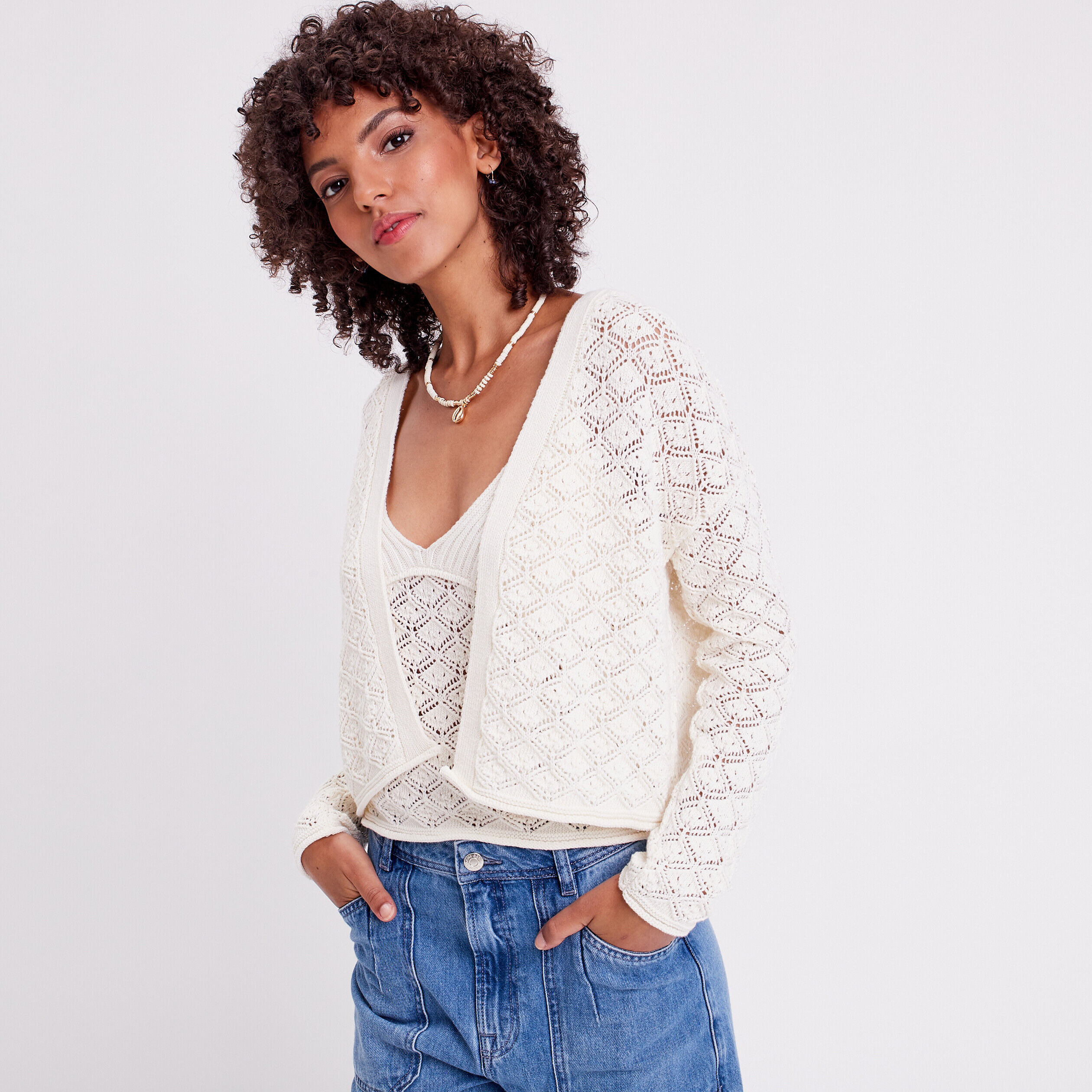 Gilet crop top ajouré ecru femme | Cache Cache