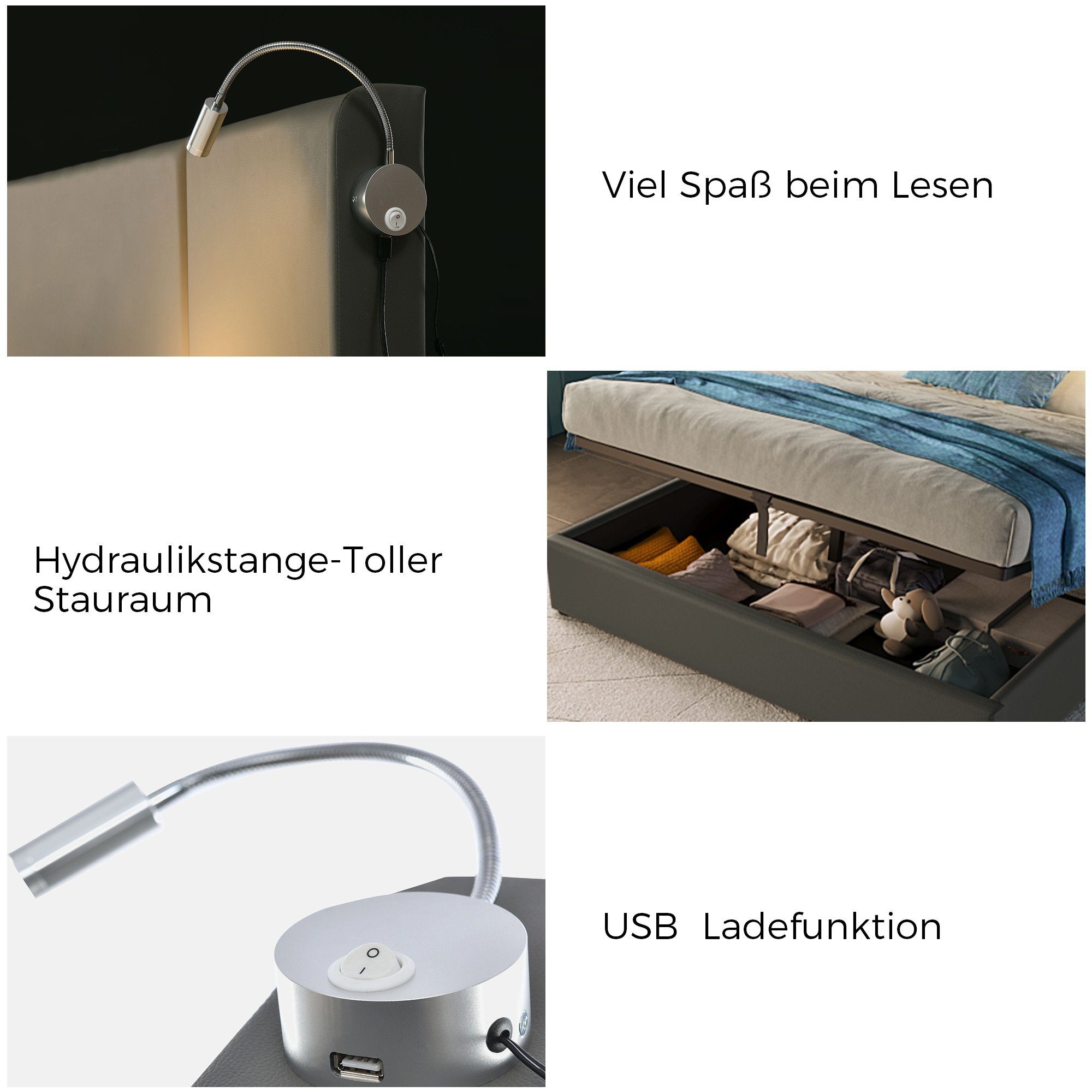 PHOEBE CAT Polsterbett (Hydraulisches Stauraumbett mit Bettkasten und Lattenrost), mit Leselicht und USB Ladefunktion, Kunstleder, 140 x 200cm