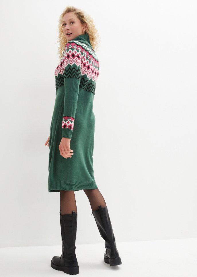 Strickkleid mit Norwegermuster und weitem Rollkragen, kniebedeckend