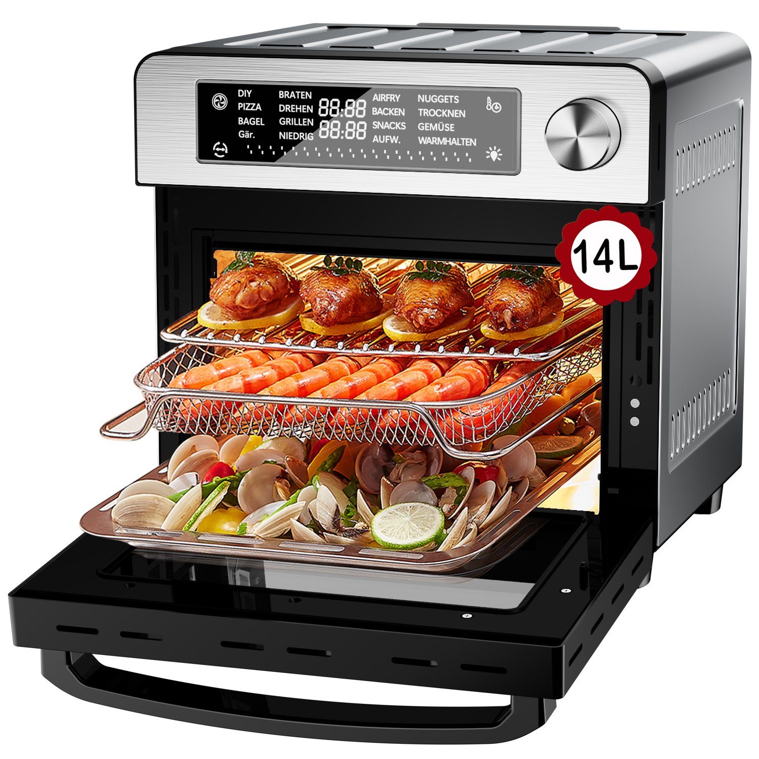JOEAIS Heißluftfritteuse 14L XXL Ohne Öl Air Fryer 1700W Heizluft Fritteuse LED-Touchscreen, Airfryer Einstellbare Zeit/Temperaturregelung für Luftbraten, Braten