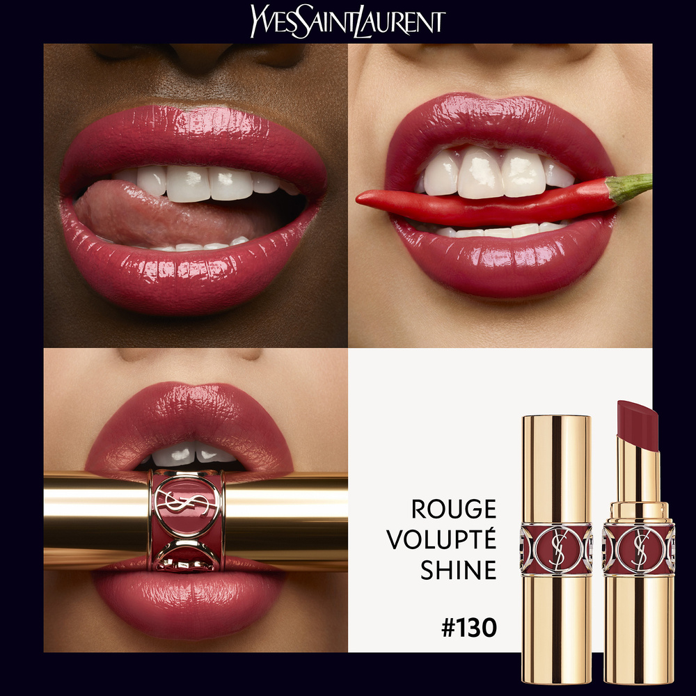 Yves Saint Laurent Rouge Volupté Shine Rouge à lèvres alliant couleur, soin etbrillance longue tenue.