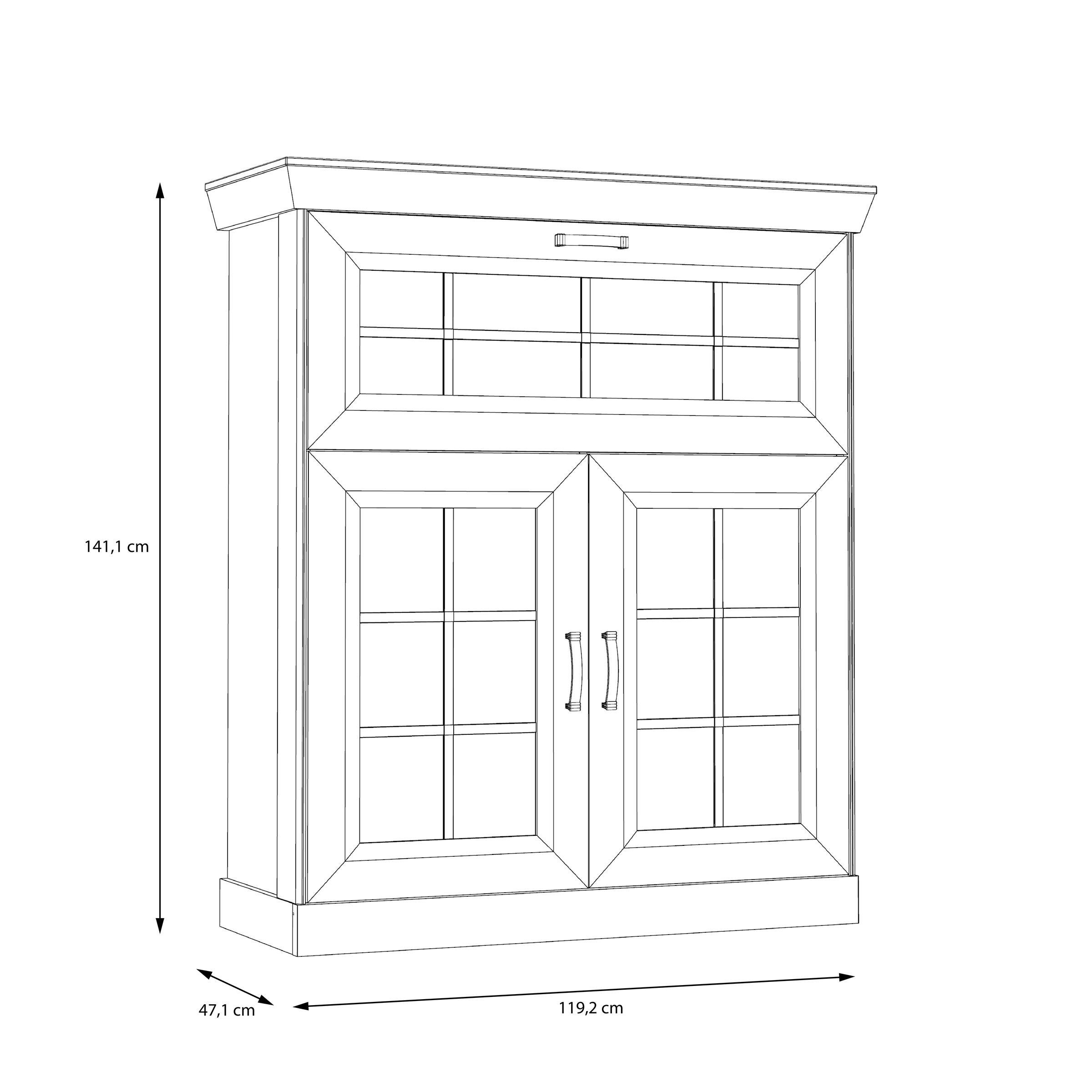 möbelando Barschrank Kalamaria Barschrank im modernen Landhausstil aus Spanplatte in Waterford Eiche Nachbildung mit 2 Holztüren, 1 Klappe und 2 Einlegeböden. Breite 119,6 cm, Höhe 141,1 cm, Tiefe 47 cm