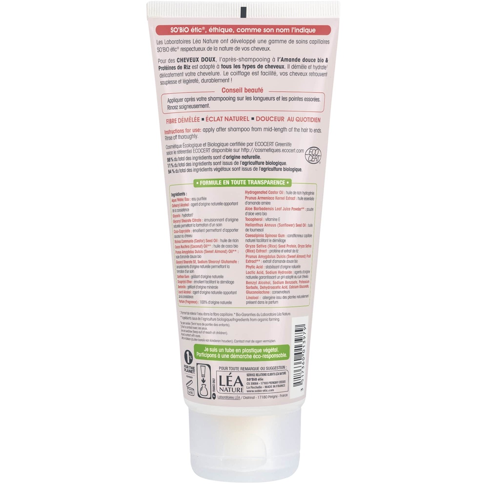 LÉA NATURE SO BiO étic Après-shampooing cheveux doux, Amande bio & Protéines de riz Après-shampooing