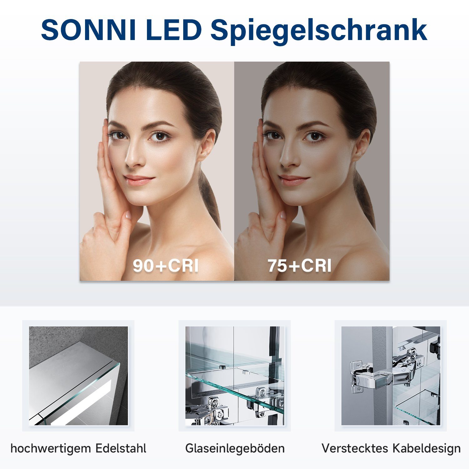 SONNI Spiegelschrank Bad spiegelschränke 3-türig mit LED Beleuchtung Edelstahl IP44 Badezimmer, mit Steckdose