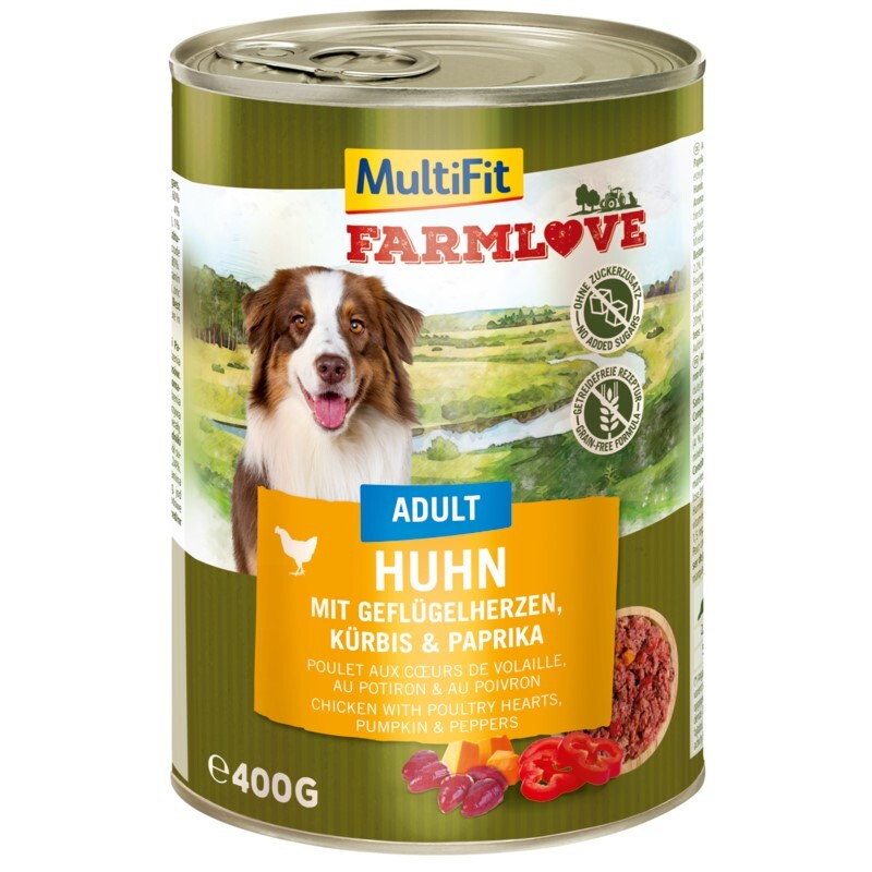 MultiFit Hundenassfutter MultiFit Farmlove Adult Huhn, Geflügelherzen 6x400 g