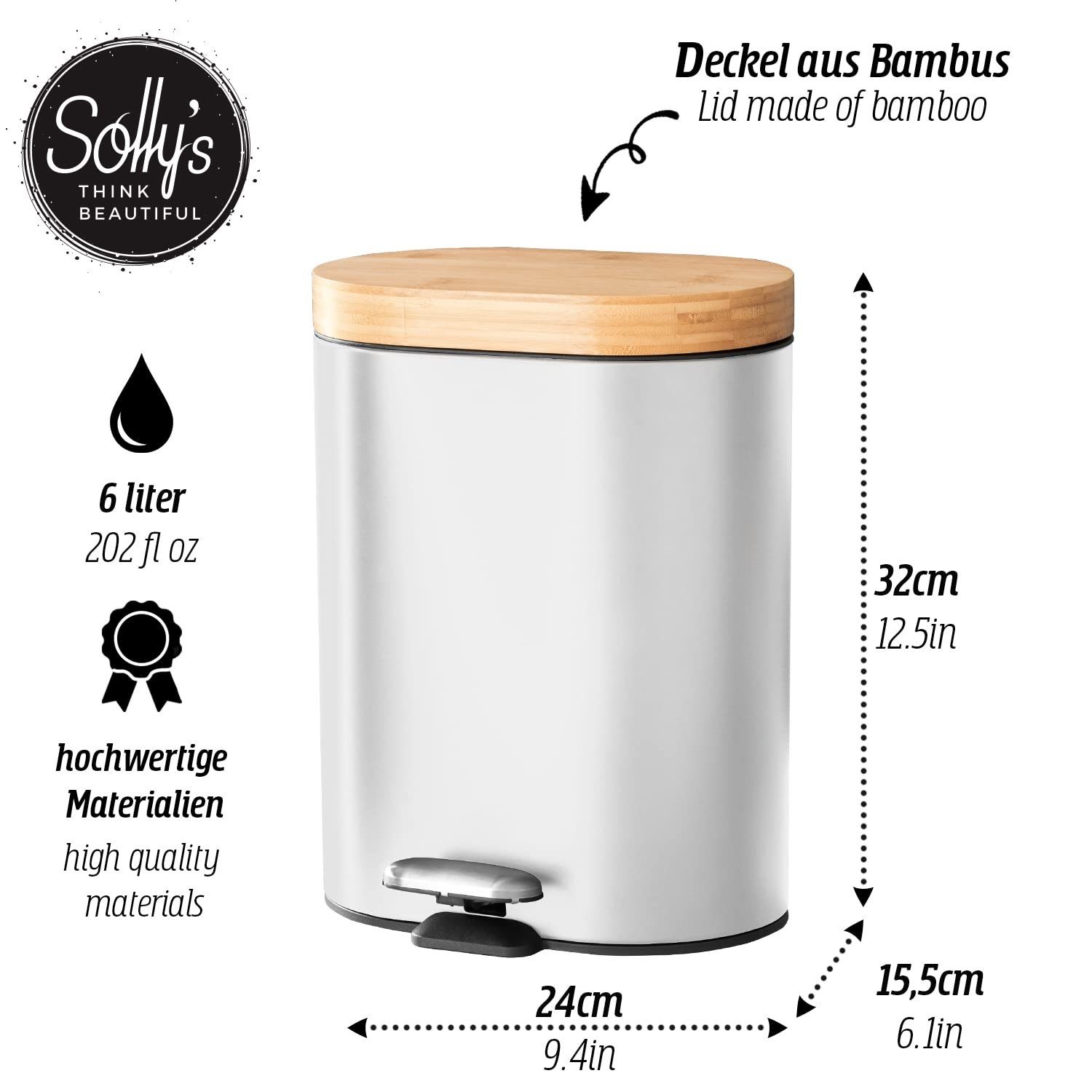 Solly's Kosmetikeimer 6L mit Bambus Deckel, Absenkautomatik, pulverbeschichtet, rutschfest
