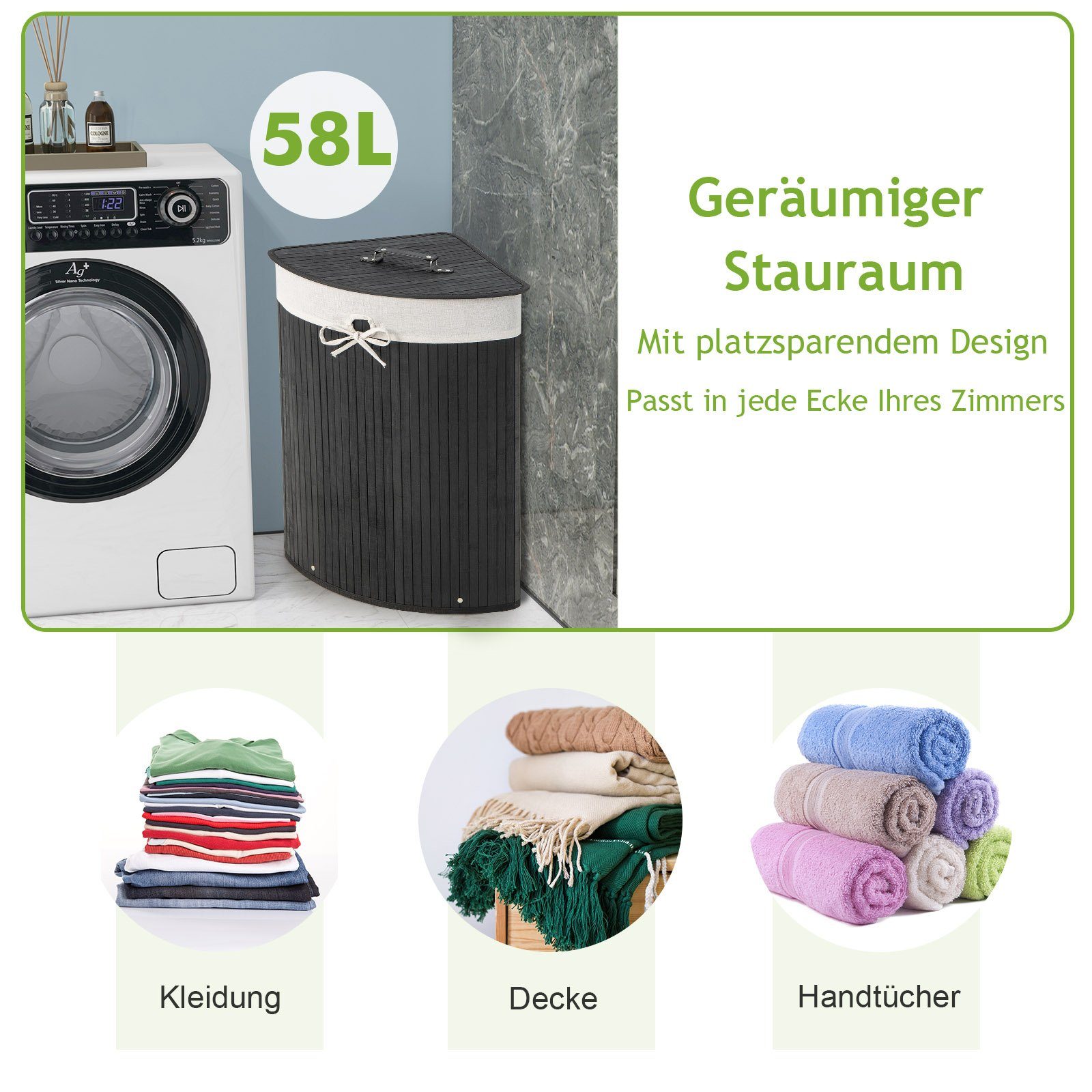 COSTWAY Wäschekorb, mit Deckel, 58L, Bambus, mit ausnehmbarer Innentasche