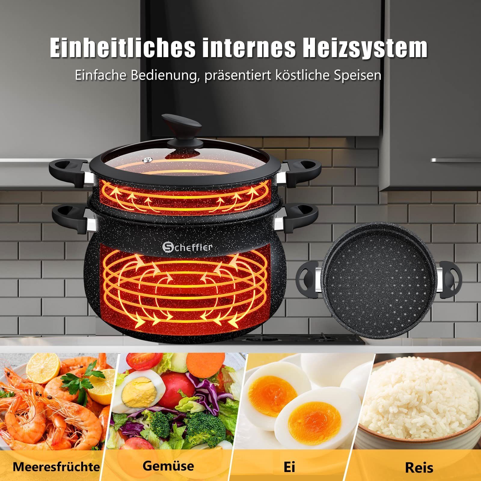 Scheffler Dampfgartopf Kochtopf Dämpfer, Glasdeckel Induktion Topf, Suppentopf, Aluminium, Induktionsgeeignet