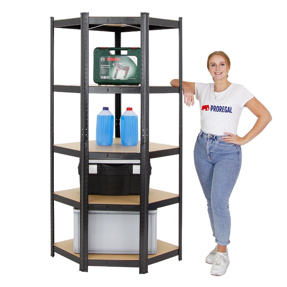 PROREGAL® Eckregal Eckregal Ragnar, HxBxT 180x70x40 cm, Fachlast 175kg, Schwarz, Traglast von 175 kg pro Ebene bzw. Gesamttraglast von 875kg je Regal
