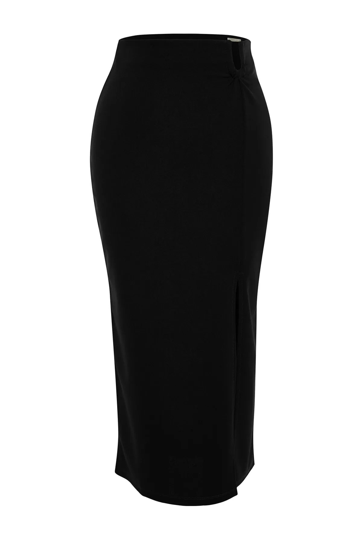 Trendyol Collection  Schwarzer Crêpe-Maxirock mit hoher Taille und Stretch-Strick, Schnalle, Schlitzdetail TWOAW24ET00054