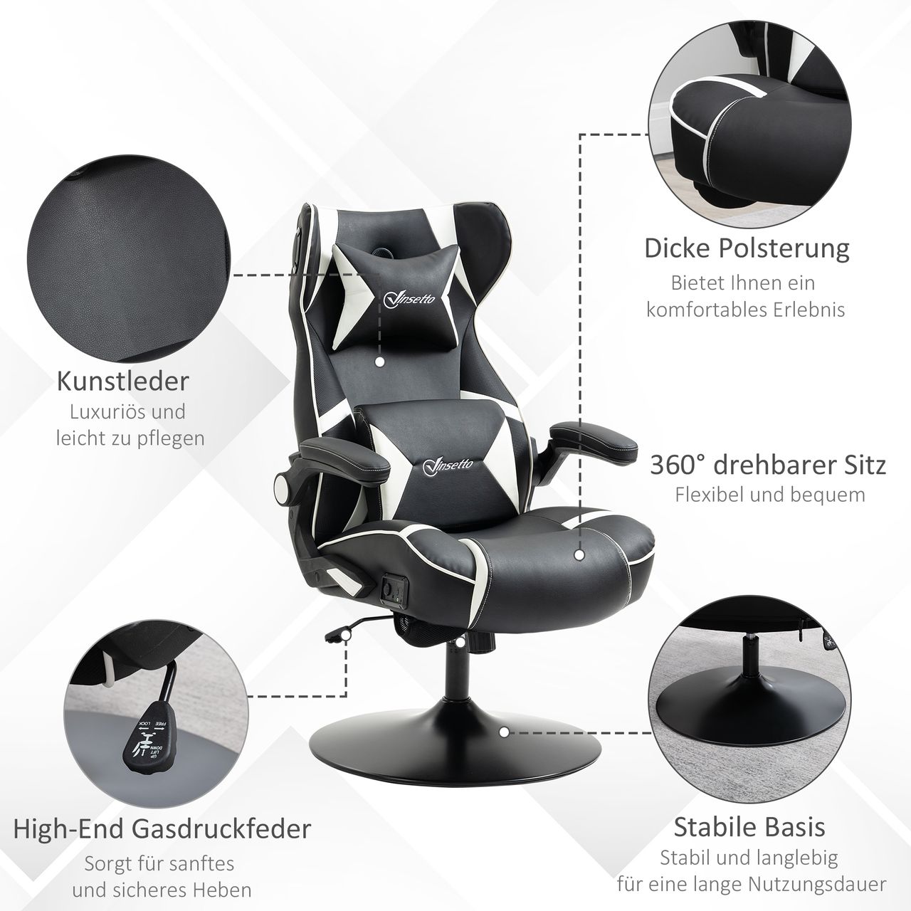 HOMCOM Vinsetto Gamingsessel mit Wippfunktion Gamingstuhl mit Lautsprecher Bürostuhl PU