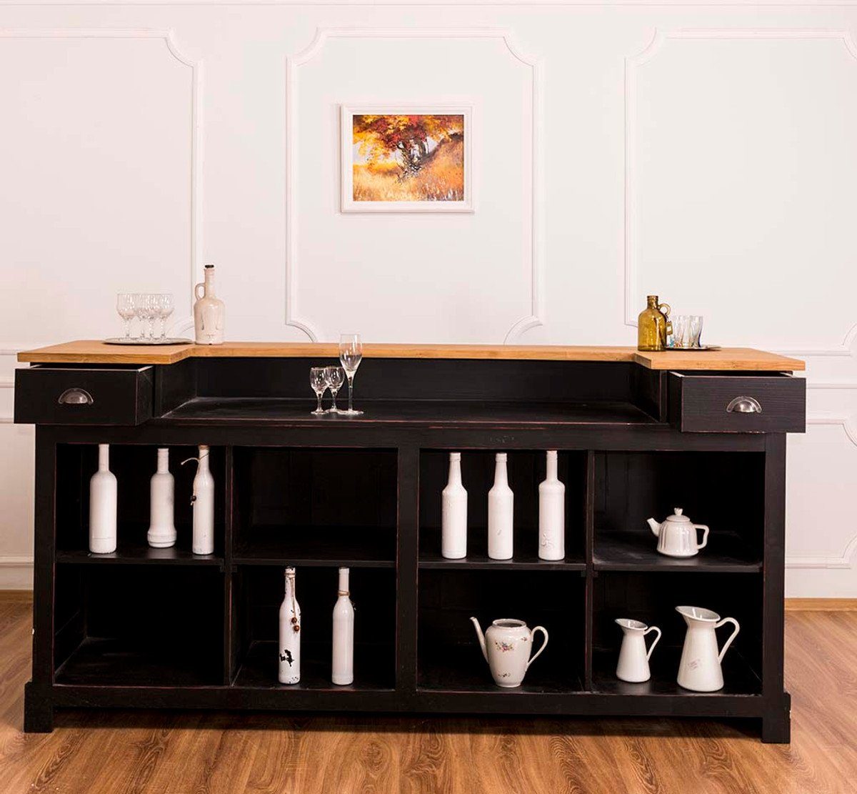 Casa Padrino Barschrank Landhausstil Thekenschrank Antik Schwarz / Naturfarben 220 x 65 x H. 107 cm - Ladentheke mit Schubladen und Ablagefächer