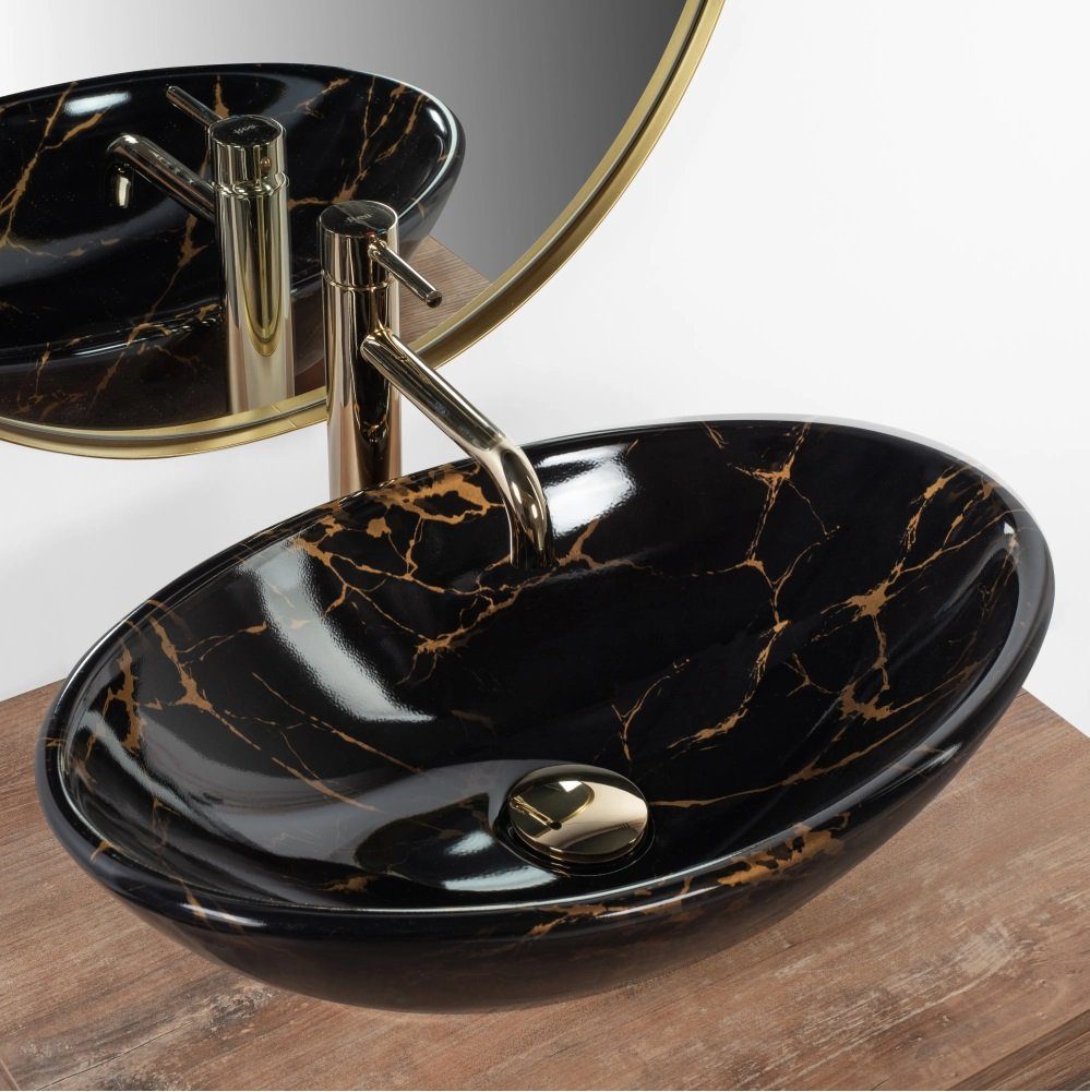 Badezimmer Rea Aufsatzwaschbecken Waschbecken Pamela Black Marble Shiny Marmoroptik 53x33cm