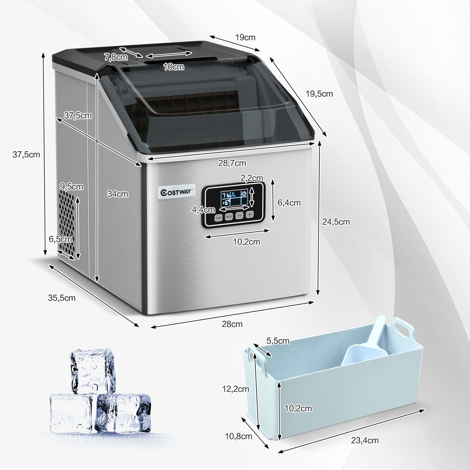 COSTWAY Eiswürfelmaschine, 2,4L, 22kg/24H, 24 Eiswürfel/15min, mit Schaufel