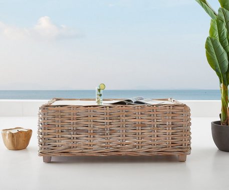 DELIFE Loungesofa Nizza, Rattan white washed 133x73 cm Glasplatte Loungetisch
