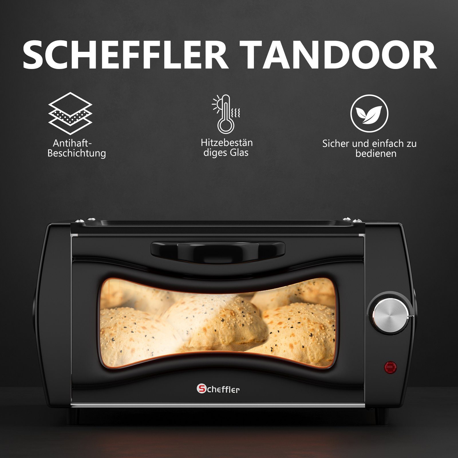 Scheffler Minibackofen Mini-Tandoor mit Antihaftbeschichtete Deckplatte, großes Sichtfenster, Hitzebeständiges Gehäuse, 2 in 1 Funktion, 2100W