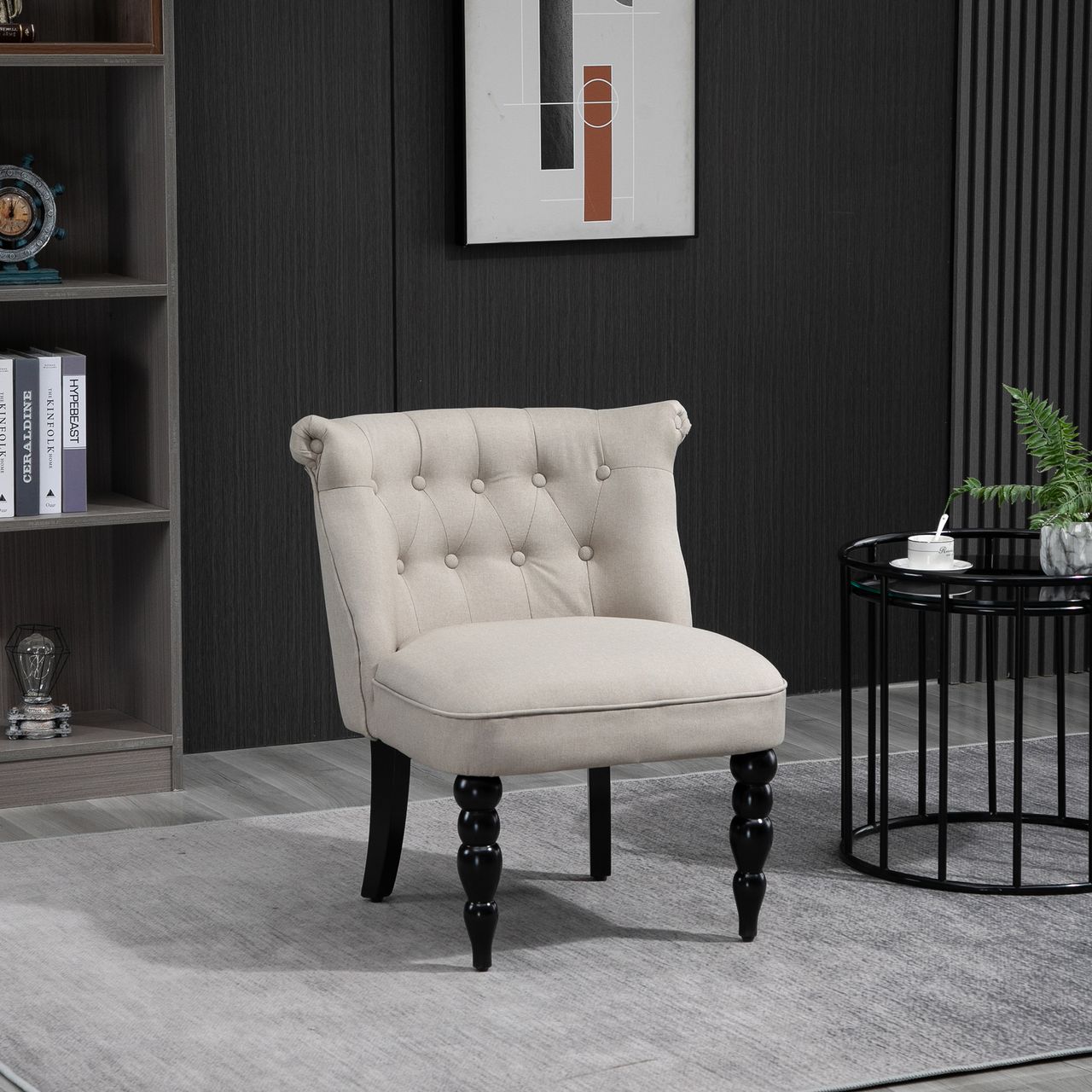 HOMCOM Relaxsessel Vintage Ruhesessel Relaxstuhl Polstersessel Esszimmerstuhl Leinenbezug Holzgestell Beige Schwarz 67 x 67 x 78 cm