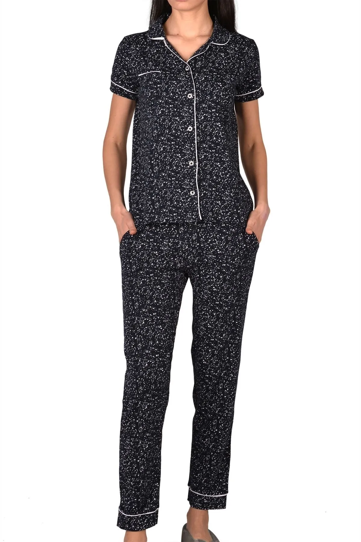 Nicoletta  Damen-Pyjama-Set mit kurzen Ärmeln, geknöpften Taschen, Baumwolle und Lycra, Marineblau