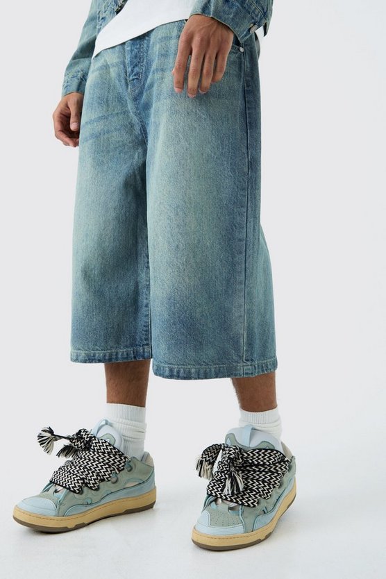 Lange Jeansshorts in antikblauer Waschung