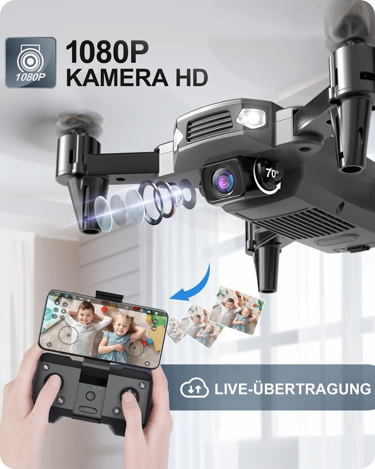 DEERC D40 Faltbare Drohne mit Kamera für Kinder Drohne (1080P, mit 2 Batterien lange Flugzeit,FPV Live,App Steuerung für Anfänger)