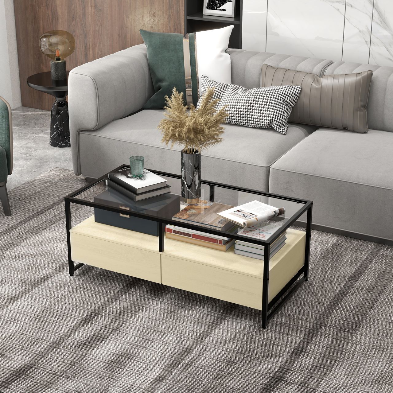 HOMCOM Couchtisch, Beistelltisch mit Schublade, Kaffeetisch mit Stauraum Eiche