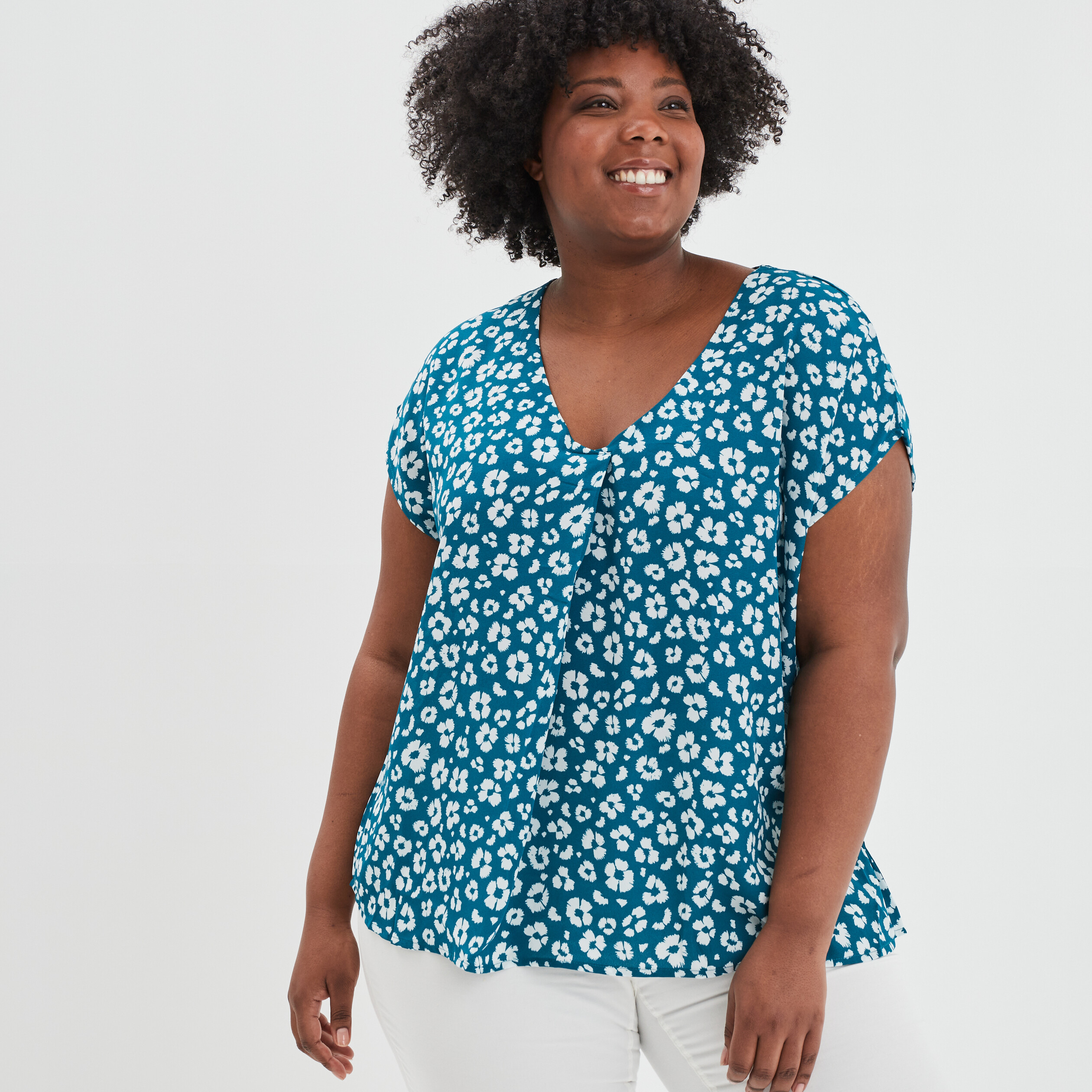 Blouse col en V manches courtes bleu canard femme grande taille | La Halle