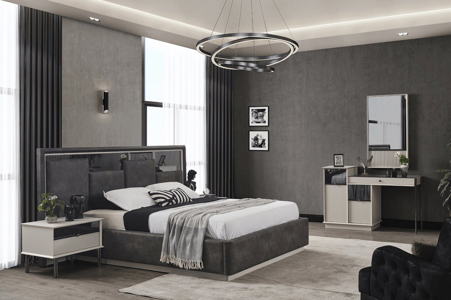 JVmoebel Schlafzimmer-Set Graues Schlafzimmer Bett 2x Nachttische Schminktisch Luxus Spiegel, (4-St., Bett, 2x Nachttisch, Schminktisch, Spiegel), Made in Europa