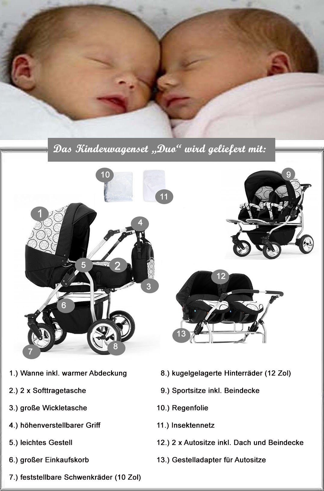 Elcar Zwillings-Kombikinderwagen Zwillingskinderwagen 3 in 1 Duo - 13 Teile - in 38 Farben