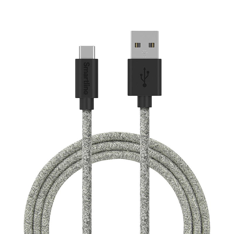 Smartline Ladekabel 2 m USB-A til USB-C grå Fuzzy