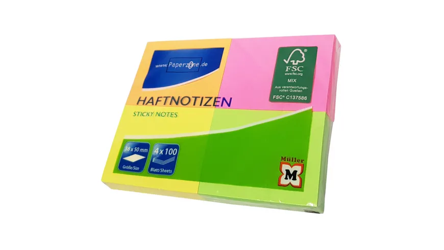 PAPERZONE Haftnotizen neon 38x50mm 4x100Blatt