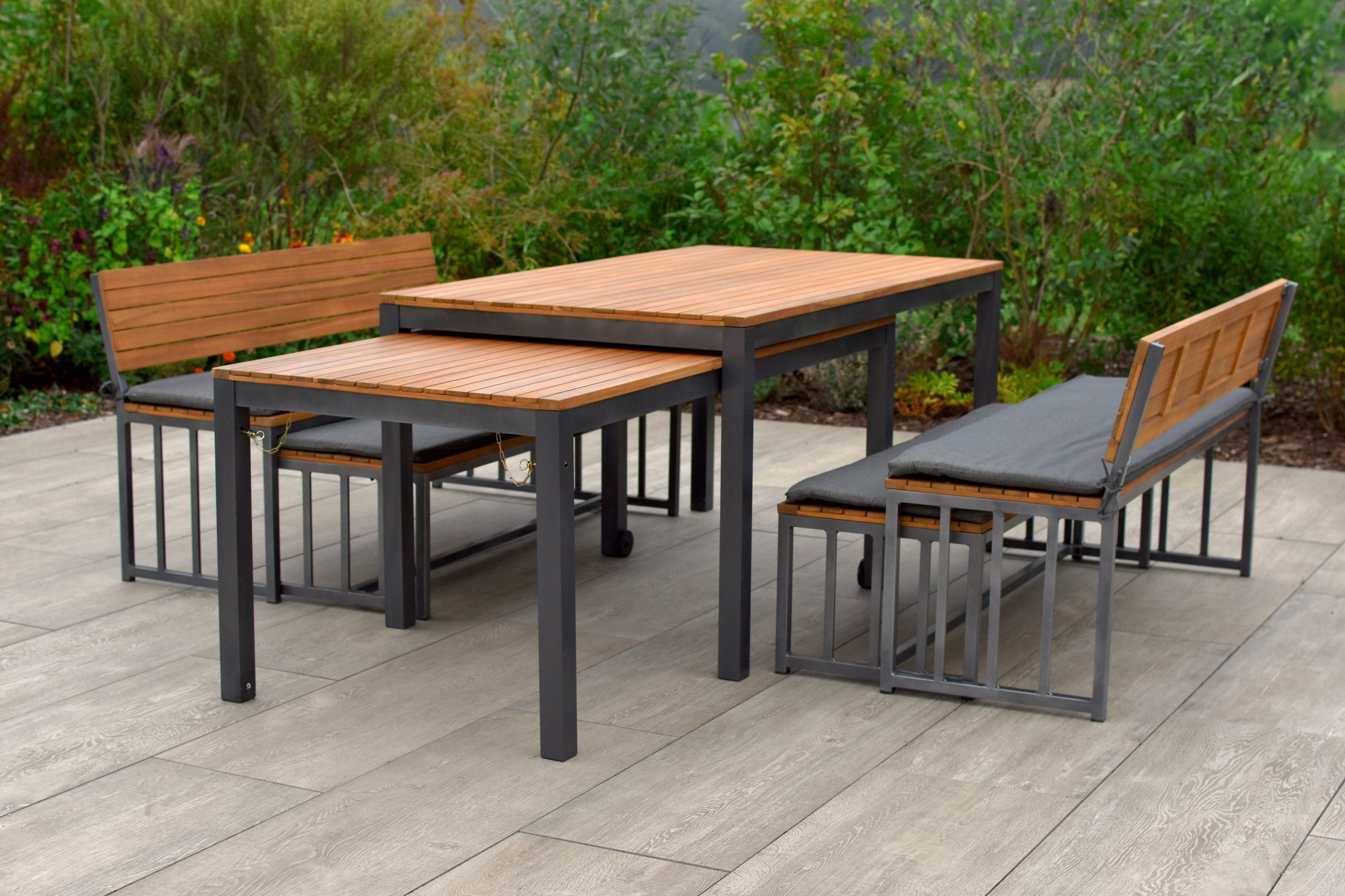 MERXX Garten-Essgruppe Milos, (Set, 10-tlg), 4 Sitzbänke, inkl. Sitzkissen, 2 Tische