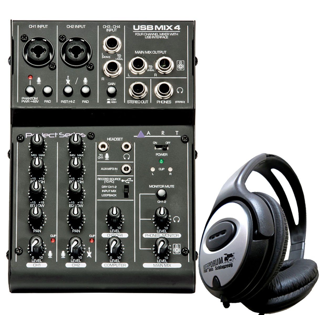 Art Audio Mischpult Art USBMix4 USB-Mischpult 4-Kanal + Kopfhörer, (Spar-Set, Inkl Kopfhörer)