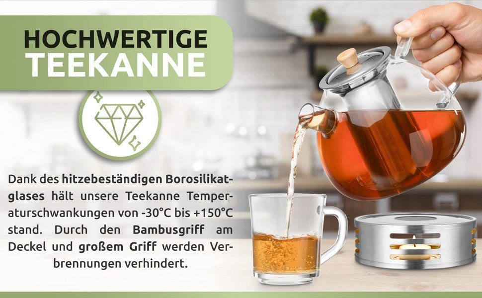 PORADA Teekanne Teekanne aus Glas 1000 ml Edelstahl Erhitzer Teesieb, Tee Teekocher, 1 l, (Set, x1 Tekanne 1000ml, x1 Erhitzer, x1 Teesieb, x1 Deckel), handarbeit, extra Erhitzer, Stövchen, Edelstahl, Borosilikatglas